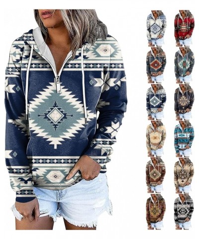 Women's Fall Casual Western Aztec Print Long Sleeve Drawstring Hoodies Half Zip Sweatshirt Button Down Pullover Tops 23-purpl...