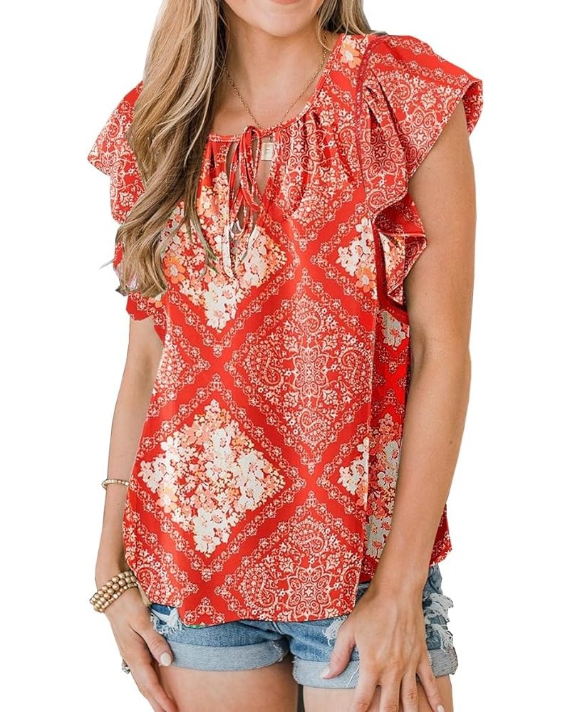 Women's Tops Casual Boho Floral Print V Neck Blouses Flannel Ruffle Sleeve Loose Shirts Floral Red $11.50 Blouses