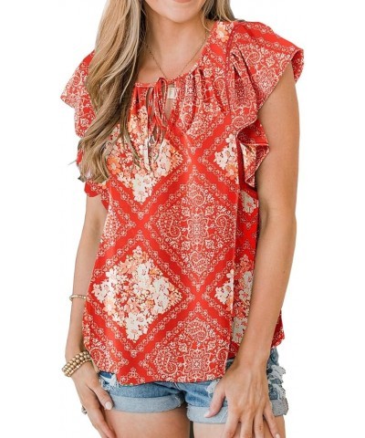 Women's Tops Casual Boho Floral Print V Neck Blouses Flannel Ruffle Sleeve Loose Shirts Floral Red $11.50 Blouses