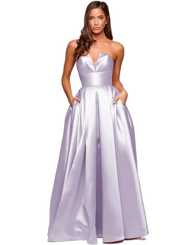 Strapless Long Prom Dresses Satin A-line Backless V-Neck Evening Gown for Women Formal with Pockets Lilac $39.50 Dresses