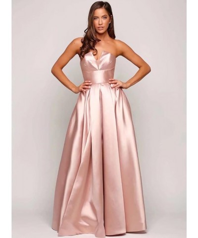 Strapless Long Prom Dresses Satin A-line Backless V-Neck Evening Gown for Women Formal with Pockets Lilac $39.50 Dresses