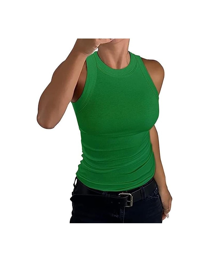 Women Sleeveless Tank Tops Summer Basic Casual Shirt Slim Knit Ribbed Racerback Blouses Green $7.84 Tanks