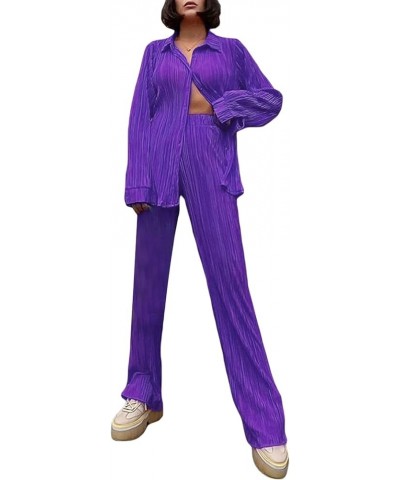 Women Two Pieces Muse Pants Suits Long Sleeve Button Down Shirt Wide Leg Casual Pants 90s Solid Blossom Streetwear Purple $17...