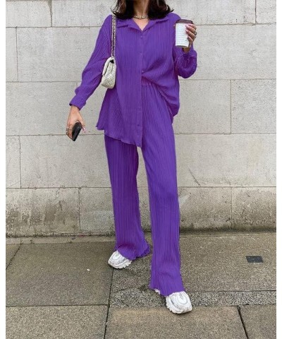 Women Two Pieces Muse Pants Suits Long Sleeve Button Down Shirt Wide Leg Casual Pants 90s Solid Blossom Streetwear Purple $17...