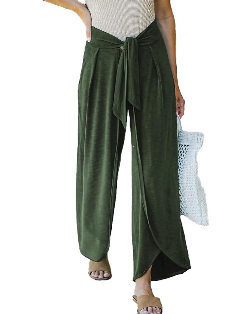 Womens Casual High Waist Palazzo Pants Cotton Loose Boho Split Wide Leg Beach Pants Flowy Belted Trousers Green $14.40 Pants