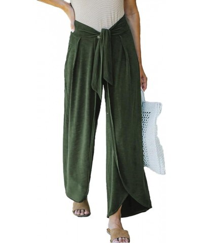 Womens Casual High Waist Palazzo Pants Cotton Loose Boho Split Wide Leg Beach Pants Flowy Belted Trousers Green $14.40 Pants