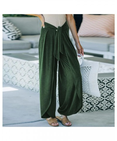 Womens Casual High Waist Palazzo Pants Cotton Loose Boho Split Wide Leg Beach Pants Flowy Belted Trousers Green $14.40 Pants