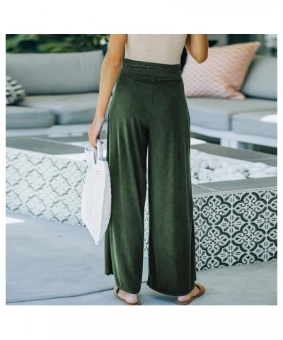 Womens Casual High Waist Palazzo Pants Cotton Loose Boho Split Wide Leg Beach Pants Flowy Belted Trousers Green $14.40 Pants