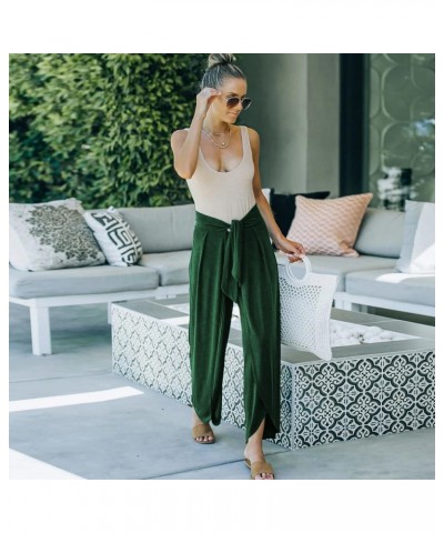 Womens Casual High Waist Palazzo Pants Cotton Loose Boho Split Wide Leg Beach Pants Flowy Belted Trousers Green $14.40 Pants