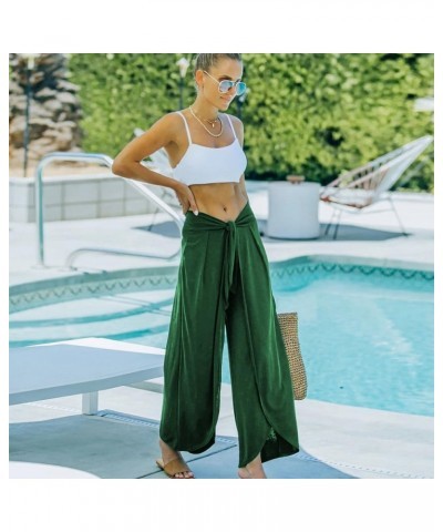 Womens Casual High Waist Palazzo Pants Cotton Loose Boho Split Wide Leg Beach Pants Flowy Belted Trousers Green $14.40 Pants