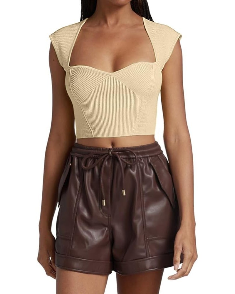 Women's Square Neck Top Cap Sleeve Top Ribbed Knit Crop Top Sleeveless Tank Tops Shirt Apricot $14.57 Tanks