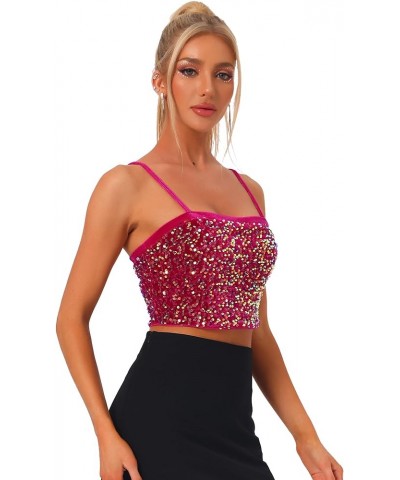 Sequined Cami Top for Women's Velvet Spaghetti Strap Club Party Crop Tank Tops Hot Pink $18.49 Tanks