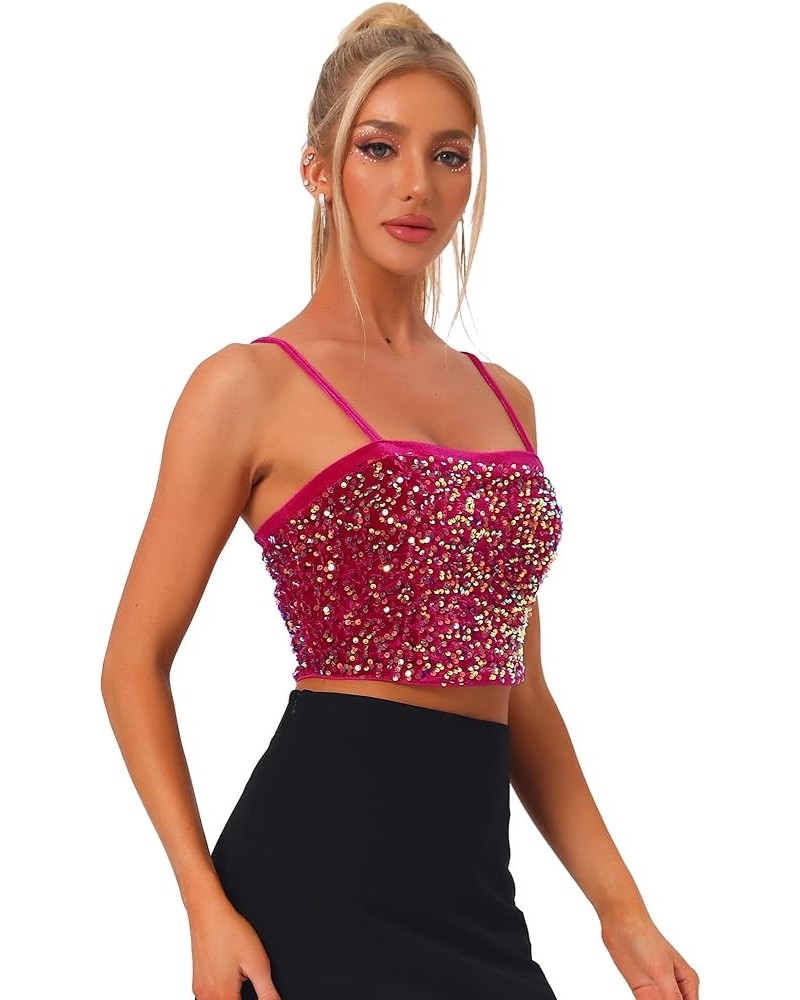 Sequined Cami Top for Women's Velvet Spaghetti Strap Club Party Crop Tank Tops Hot Pink $18.49 Tanks