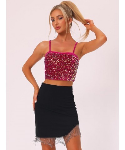 Sequined Cami Top for Women's Velvet Spaghetti Strap Club Party Crop Tank Tops Hot Pink $18.49 Tanks