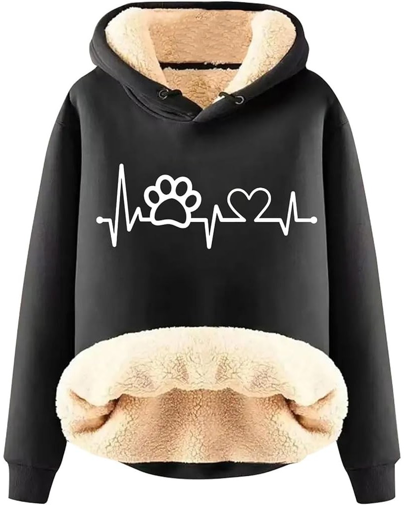 Dog Lover Sherpa Lined Pullover Hooded Sweatshirt for Women Cute Dog Paw Heartbeat Print Fleece Hoodies Winter Thermal Tops B...