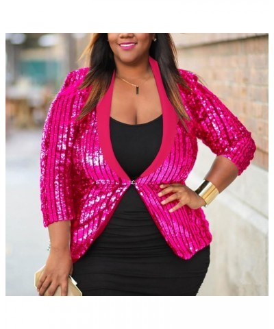 Plus Size Jacket Sequin Three-Quarter Sleeve Color Block Coat Shawl Collar Women's Casual Blazer Pink $29.92 Blazers