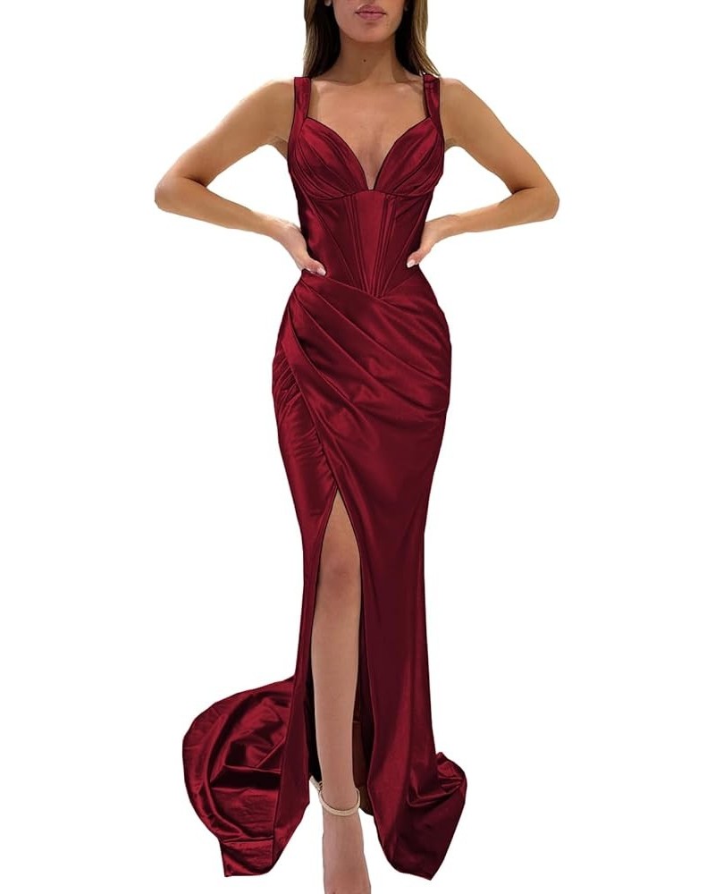 V Neck Prom Dresses Long for Women Formal Party Gowns Corset Satin Mermaid Evening Dress with Slit Burgundy $26.00 Dresses