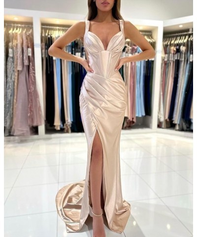 V Neck Prom Dresses Long for Women Formal Party Gowns Corset Satin Mermaid Evening Dress with Slit Burgundy $26.00 Dresses