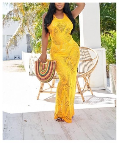 Beach Coverup for Women Crochet Hollow Out Sleeveless Casual Long Maxi Dresses Bathing Suit Cover Ups Yellow $15.48 Swimsuits