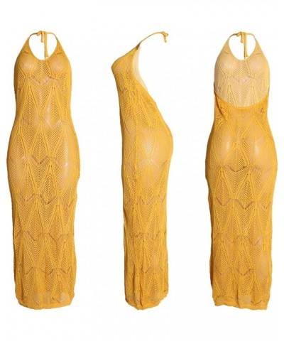 Beach Coverup for Women Crochet Hollow Out Sleeveless Casual Long Maxi Dresses Bathing Suit Cover Ups Yellow $15.48 Swimsuits