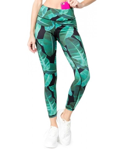 Women's Active Tummy Control High Waist Leggings - Yoga Workout Pants with Phone Pocket - Plus Size Options Palm Leaf Print $...