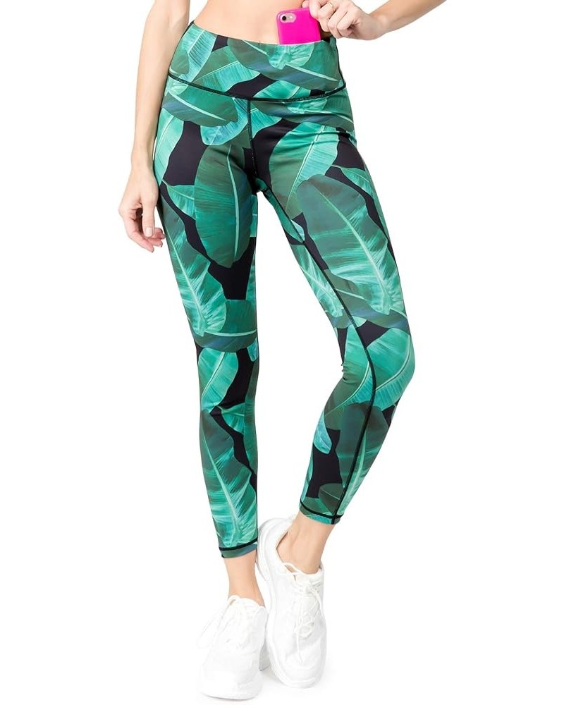 Women's Active Tummy Control High Waist Leggings - Yoga Workout Pants with Phone Pocket - Plus Size Options Palm Leaf Print $...