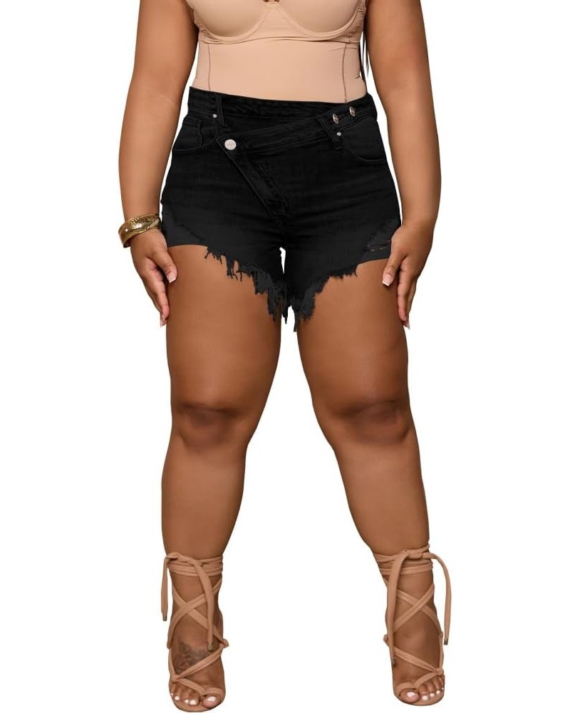 Women's Plus Size High Waisted Crossover Jean Shorts Ripped Raw Hem Summer Hot Denim Shorts Black $21.23 Shorts