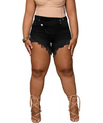 Women's Plus Size High Waisted Crossover Jean Shorts Ripped Raw Hem Summer Hot Denim Shorts Black $21.23 Shorts