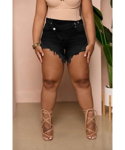 Women's Plus Size High Waisted Crossover Jean Shorts Ripped Raw Hem Summer Hot Denim Shorts Black $21.23 Shorts