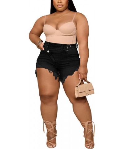 Women's Plus Size High Waisted Crossover Jean Shorts Ripped Raw Hem Summer Hot Denim Shorts Black $21.23 Shorts