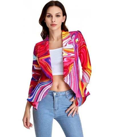 Women's Printed Open Front 3/4 Sleeve Blazer Ruffle Jacket Outerwear Purple and Red $14.76 Jackets