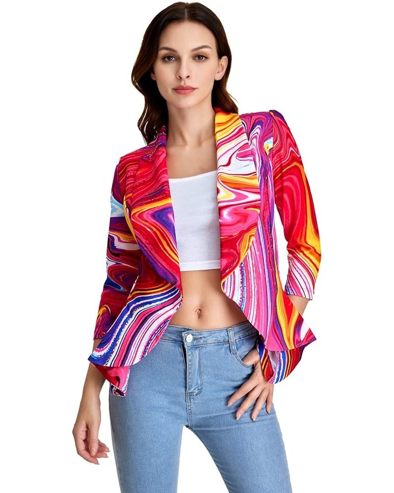 Women's Printed Open Front 3/4 Sleeve Blazer Ruffle Jacket Outerwear Purple and Red $14.76 Jackets