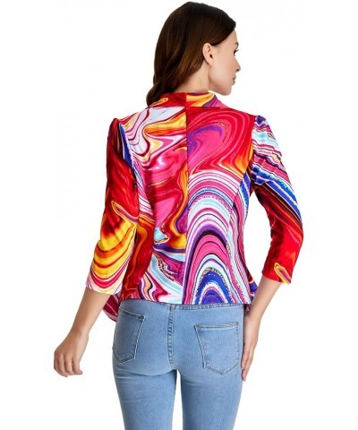 Women's Printed Open Front 3/4 Sleeve Blazer Ruffle Jacket Outerwear Purple and Red $14.76 Jackets