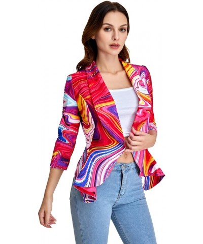 Women's Printed Open Front 3/4 Sleeve Blazer Ruffle Jacket Outerwear Purple and Red $14.76 Jackets