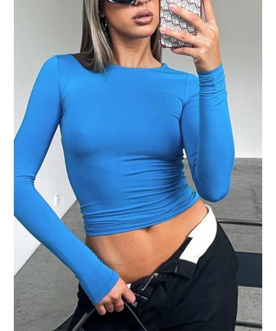 Women's Slim Fit Ribble Basic Crop Tops Going Out Solid Color Long Sleeve Round Neck Y2K Pullover Shirt Streetwear A1-blue $6...