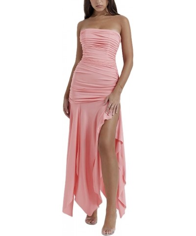 Sexy Tube Maxi Dres for Women Irregular Tassel Strapless Long Dress Ruffle Hem High Split Midi Dress Party Pink $15.32 Dresses