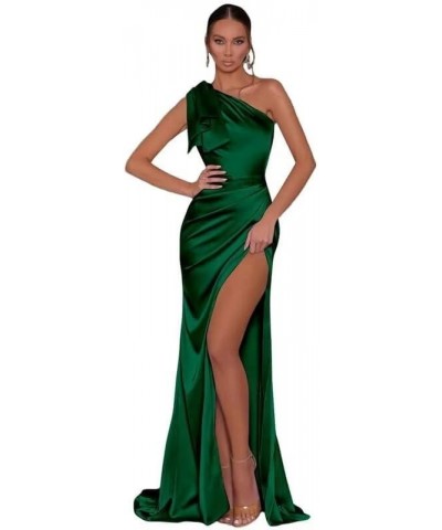 One Shoulder Satin Prom Dresses Long with Slit Mermaid Bridesmaid Dresses for Women 2024 Formal Evening Gown MR21 Emeral Gree...