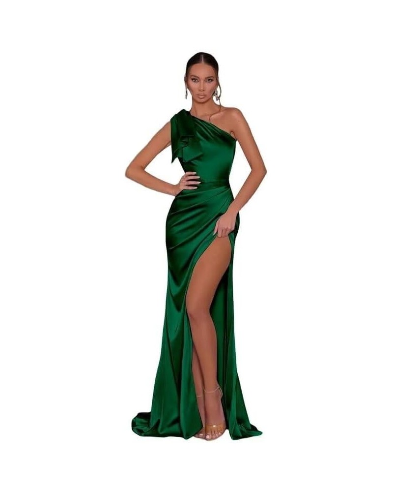 One Shoulder Satin Prom Dresses Long with Slit Mermaid Bridesmaid Dresses for Women 2024 Formal Evening Gown MR21 Emeral Gree...