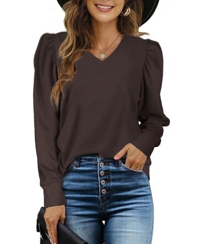 Women's Puff Long-Sleeve V-Neck Sweater Casual Tunic Tops 3-coffee $9.00 Tops