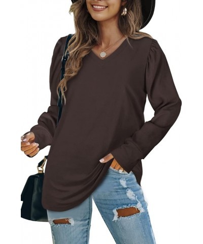 Women's Puff Long-Sleeve V-Neck Sweater Casual Tunic Tops 3-coffee $9.00 Tops