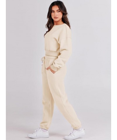 Women's Two Piece Outfits Long Sleeve Crew Neck Crop Sweatsuit with Jogger Pants Lounge Sets with Pockets Khaki $33.63 Active...