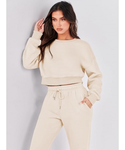 Women's Two Piece Outfits Long Sleeve Crew Neck Crop Sweatsuit with Jogger Pants Lounge Sets with Pockets Khaki $33.63 Active...