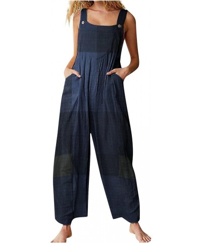 Summer Linen Overalls For Women Loose Fit Jumpsuits Plus Size Linen Baggy Beach Rompers Wide Leg Pants with Pockets 36-blue $...