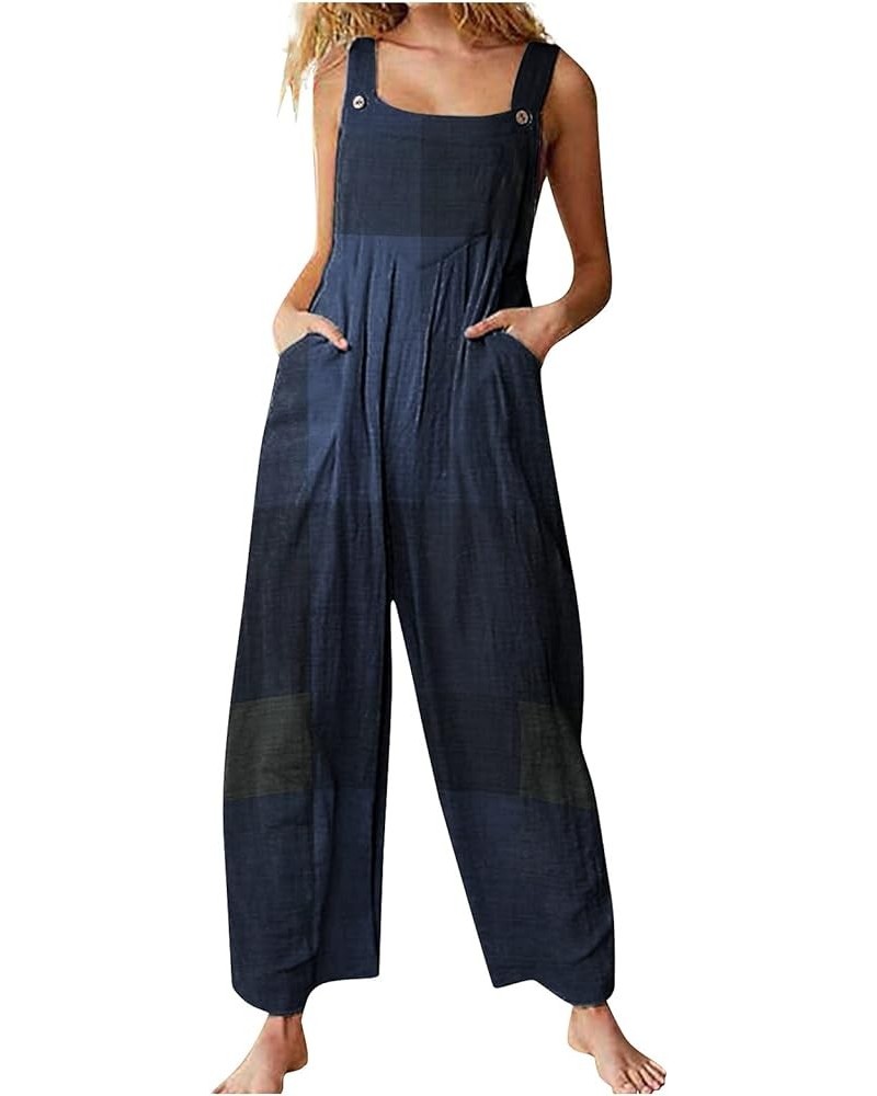 Summer Linen Overalls For Women Loose Fit Jumpsuits Plus Size Linen Baggy Beach Rompers Wide Leg Pants with Pockets 36-blue $...