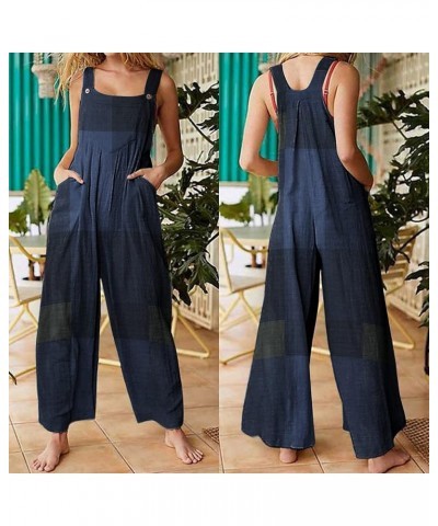 Summer Linen Overalls For Women Loose Fit Jumpsuits Plus Size Linen Baggy Beach Rompers Wide Leg Pants with Pockets 36-blue $...