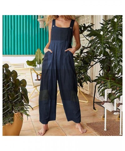 Summer Linen Overalls For Women Loose Fit Jumpsuits Plus Size Linen Baggy Beach Rompers Wide Leg Pants with Pockets 36-blue $...