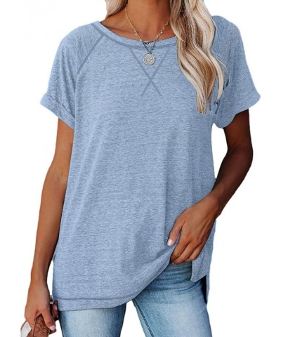 Womens Tops Crewneck Raglan Summer T Shirts Casual Short Sleeve Side Split Tee Shirts Sky Blue $10.99 T-Shirts