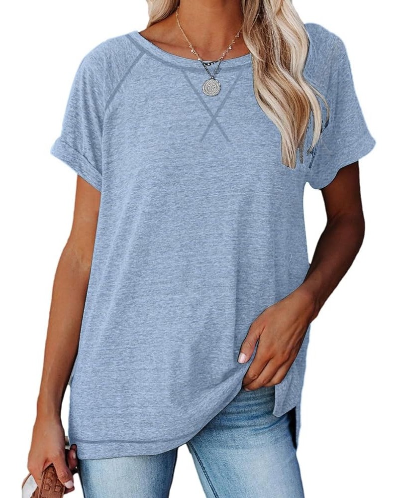 Womens Tops Crewneck Raglan Summer T Shirts Casual Short Sleeve Side Split Tee Shirts Sky Blue $10.99 T-Shirts