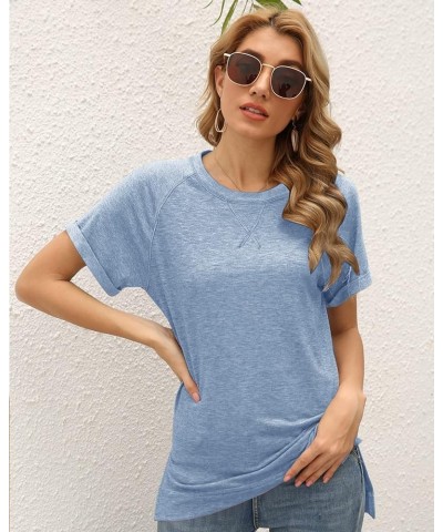 Womens Tops Crewneck Raglan Summer T Shirts Casual Short Sleeve Side Split Tee Shirts Sky Blue $10.99 T-Shirts