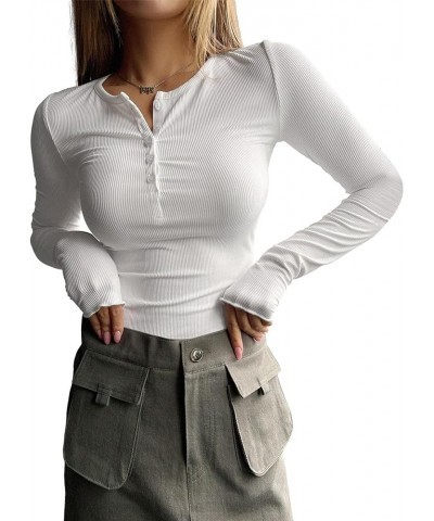 2024 Long Sleeve Shirts for Women V Neck Henley Tops Slim Fit Basic Ribbed Knit Button Down T Shirts Y2K Tops White $14.78 Tops